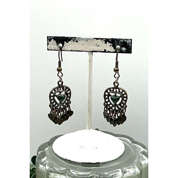 Vintage Inspired Heart Dangle Earrings With Green Stone Accent & Bronze Finish - Picture 2 of 4